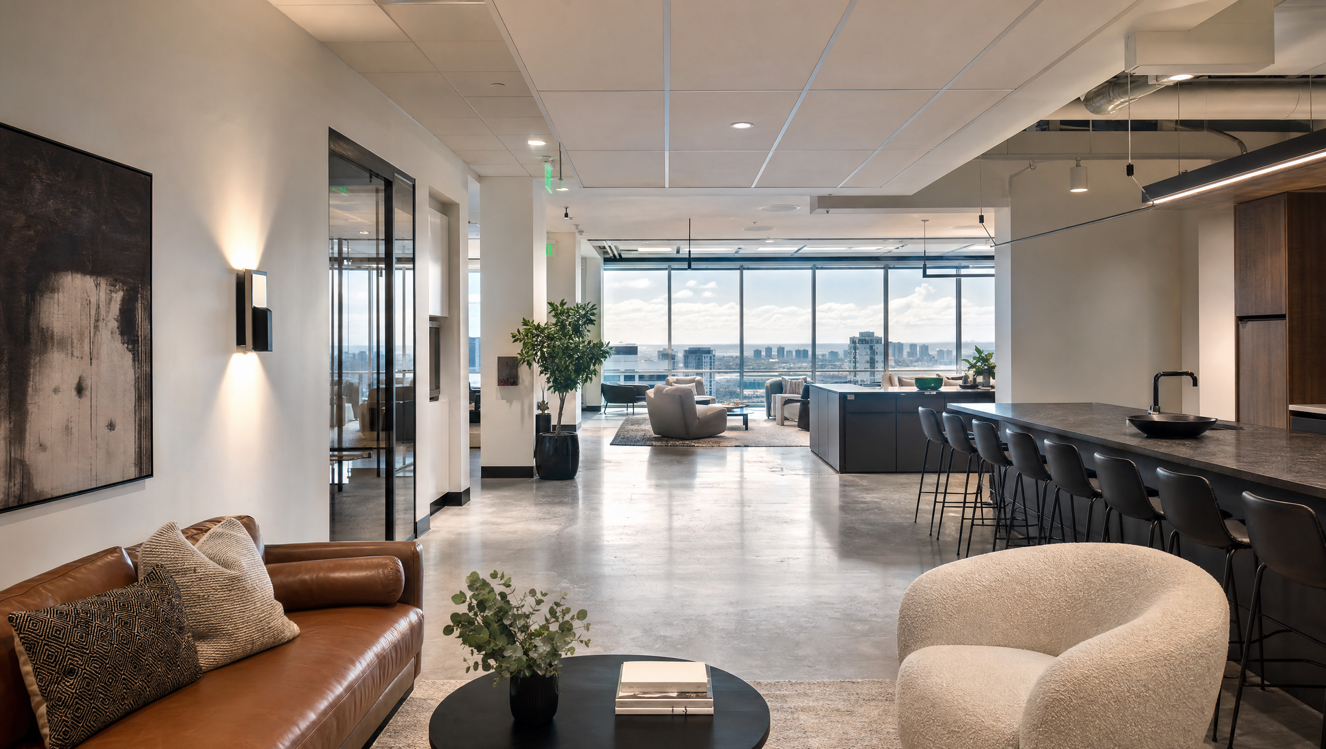 Polished commercial office interior with pristine drywall finishes